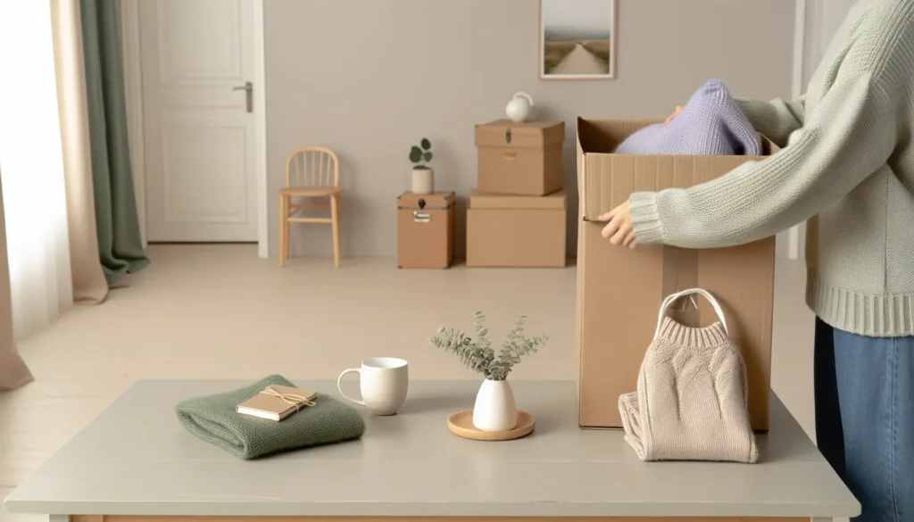 Переїзд і адаптація: спокійна кімната з коробкою для речей та валізою, м’яке природне світло