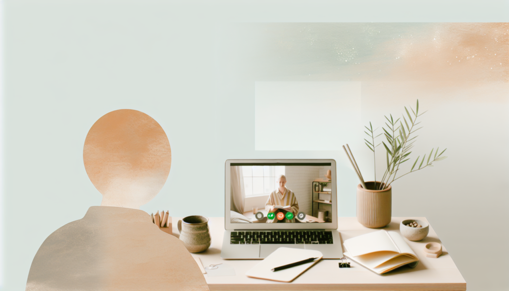 Calm home workspace with laptop and notebook, suggesting online psychologist support and affirmations for anxiety