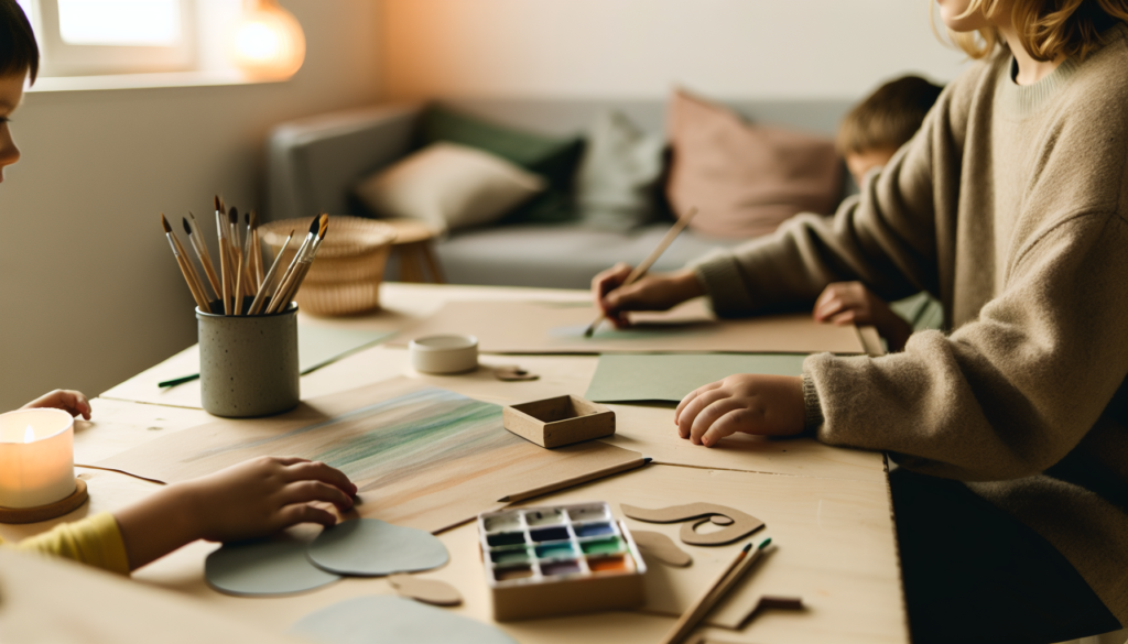 Арт-терапія для дітей-переселенців: дитячі руки малюють за столом у спокійному просторі