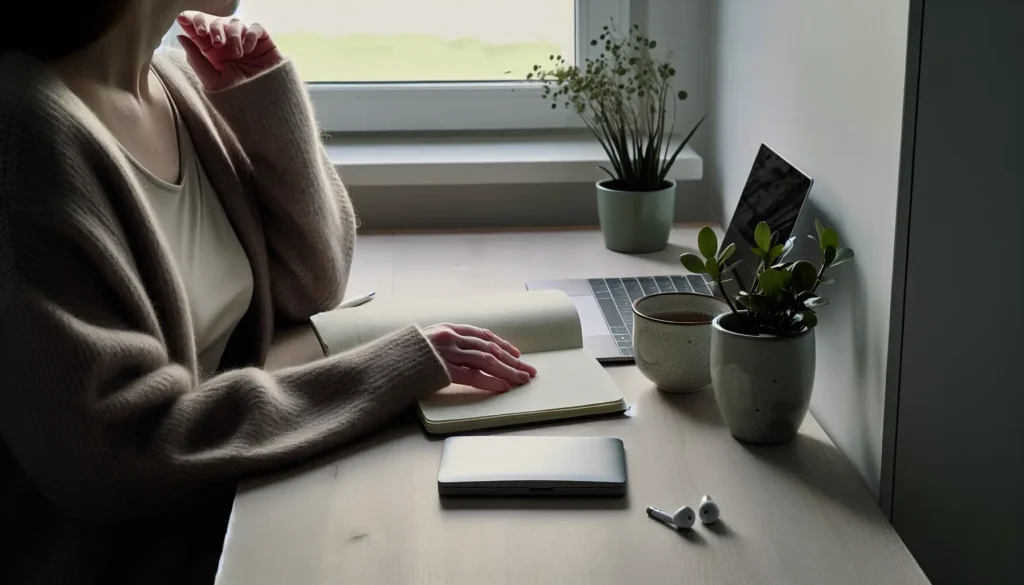 Спокійний робочий стіл біля вікна з нотатником і чаєм, що передає відновлення при хронічному стресі