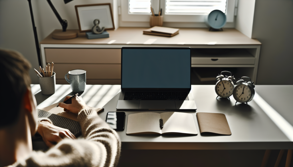 Робочий стіл із таймером і телефоном екраном донизу як нагадування дозувати новини під час війни