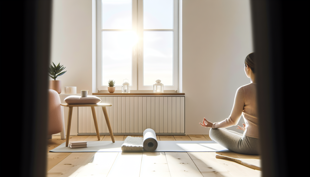 Beginner meditating on a yoga mat in a calm, bright living room with soft natural light