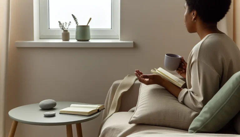 Спокійна сцена мікро-відновлення: людина з горнятком біля вікна, нейтральний інтер’єр у м’яких тонах