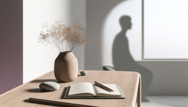Спокійний інтер’єр з нотатником на столі та людиною, повернутою спиною, у м’якому денному світлі