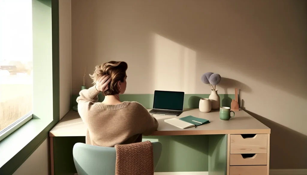 Людина зі спини за спокійним робочим столом у м’якому світлі, що передає психічне виснаження