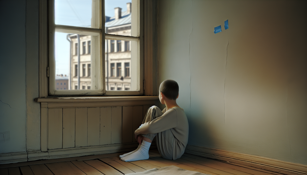 Дитина зі спини біля вікна в тихій кімнаті прифронтового міста, м’яке природне світло