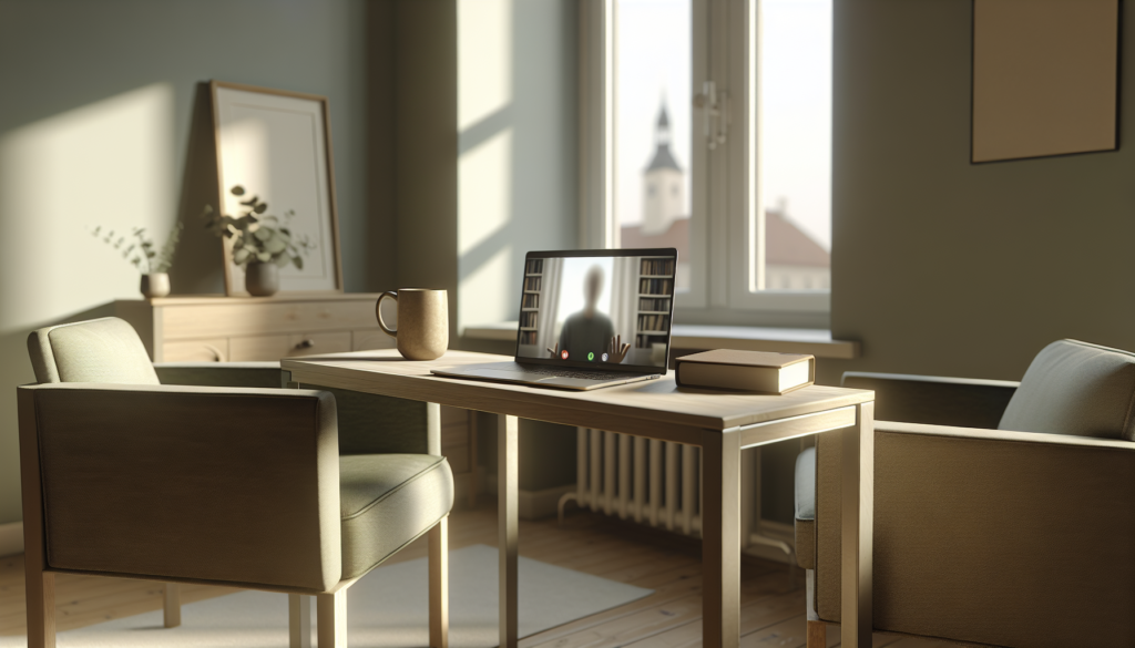 Онлайн і офлайн терапія: ноутбук на столі та дві крісла в спокійному кабінеті