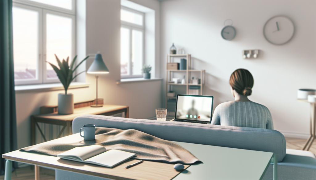 Calm home workspace with laptop video call and self-help notebook, faces not visible