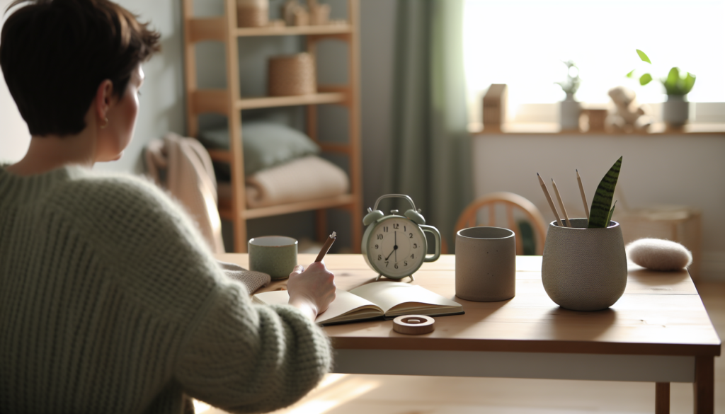 Батько або мати веде нотатки для самокерування під час стресу вдома, м’яке природне світло