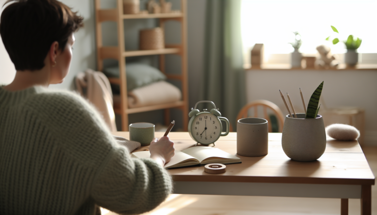 Батько або мати веде нотатки для самокерування під час стресу вдома, м’яке природне світло