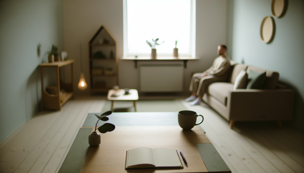 Спокійний інтер’єр із блокнотом і чашкою чаю, людина зі спини — самопоміч та підтримка при ПТСР