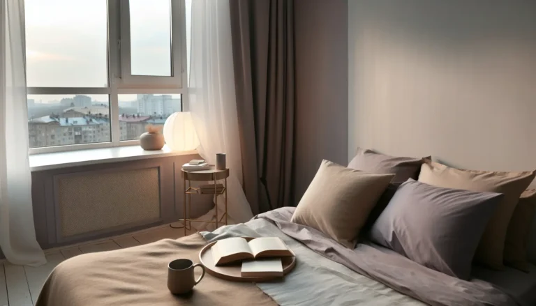 Спокійна спальня в київській квартирі на світанку, м’яке світло та затишні нейтральні кольори для теми сну