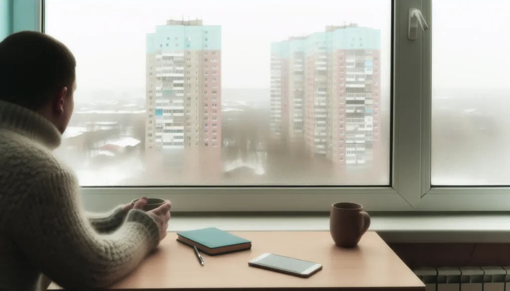 Мінімалістичне зимове фото в Запоріжжі: людина зі спини біля вікна, чашка та нотатник, спокійний настрій