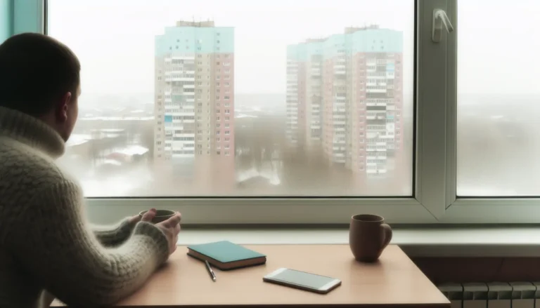 Мінімалістичне зимове фото в Запоріжжі: людина зі спини біля вікна, чашка та нотатник, спокійний настрій