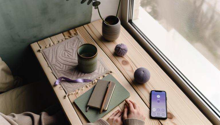 Практичні техніки самодопомоги для керування стресом: спокійна сцена з нотатником і вправою на заземлення