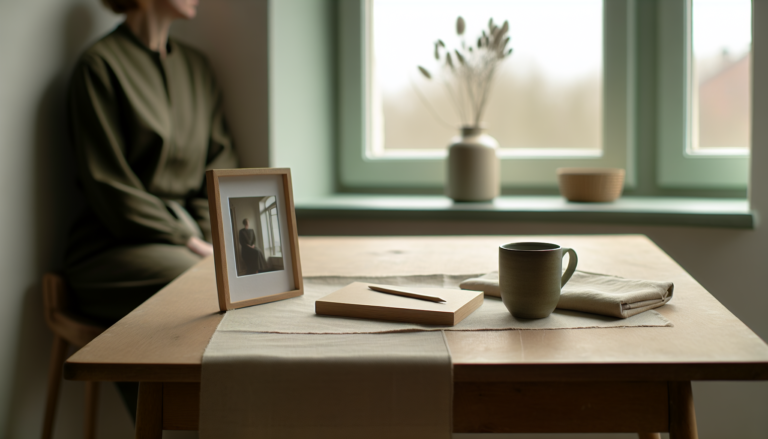 Спокійний інтер’єр із людиною зі спини біля вікна та простими речами на столі, тема відновлення після втрати