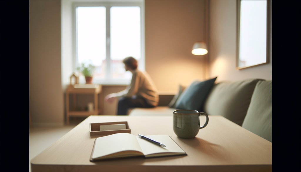 Людина зі спини біля вікна та відкритий блокнот на столі в спокійному мінімалістичному інтер’єрі