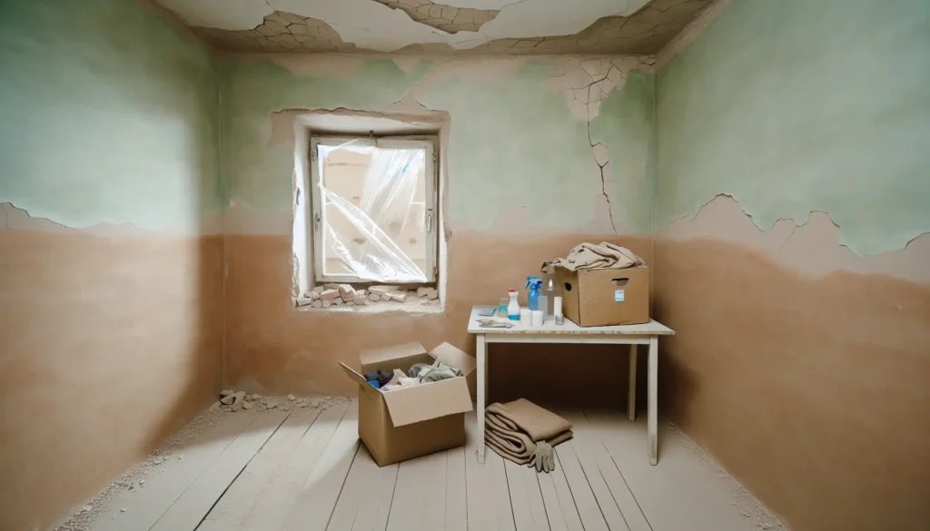 Спокійний інтер’єр пошкодженого дому з коробками та м’яким світлом, що символізує відновлення після втрати житла