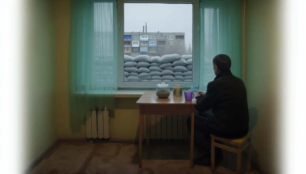 Людина зі спини біля вікна в прифронтовому місті, спокійний мінімалістичний кадр про хронічну тривогу