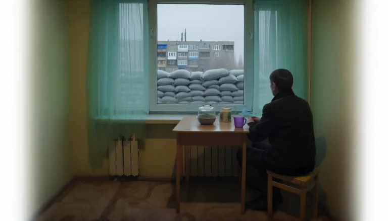 Людина зі спини біля вікна в прифронтовому місті, спокійний мінімалістичний кадр про хронічну тривогу