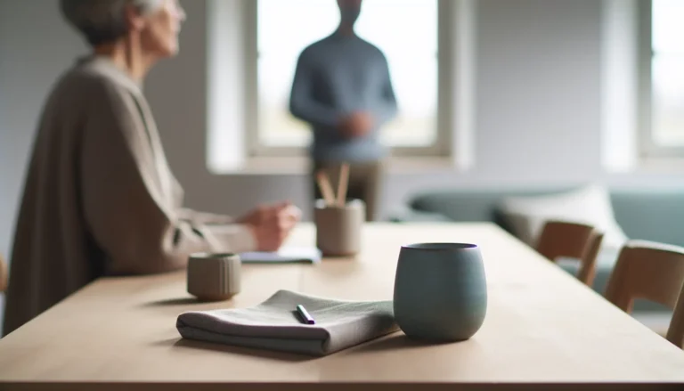 Спокійна сцена підтримки цивільних удома: людина зі спини за столом, поруч розмита фігура