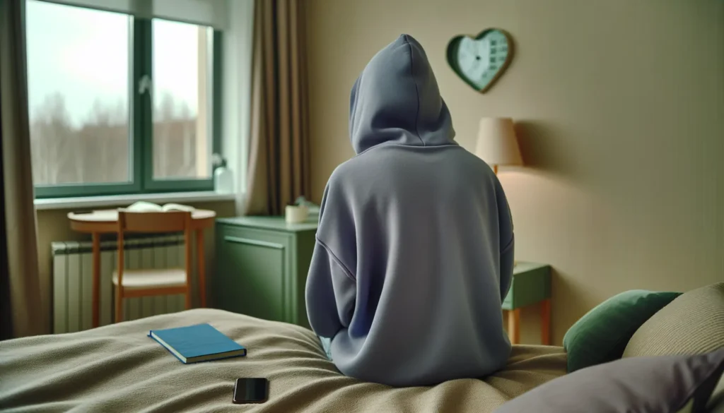 Підліток сидить спиною до камери в тихій кімнаті, нейтральний настрій, тема підліткової апатії під час війни