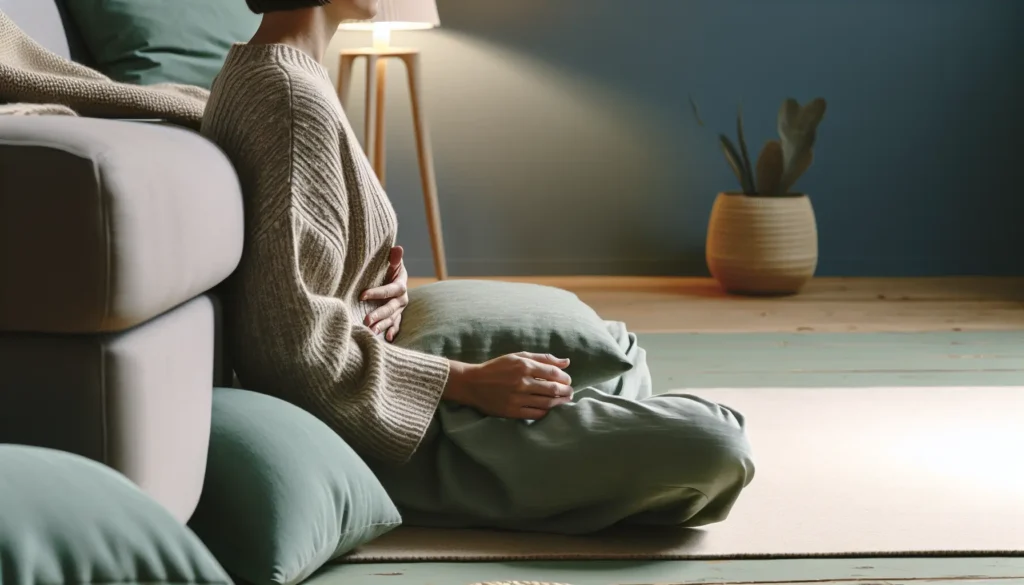 Практика усвідомленого дихання: людина кладе руки на живіт у спокійному мінімалістичному інтер’єрі