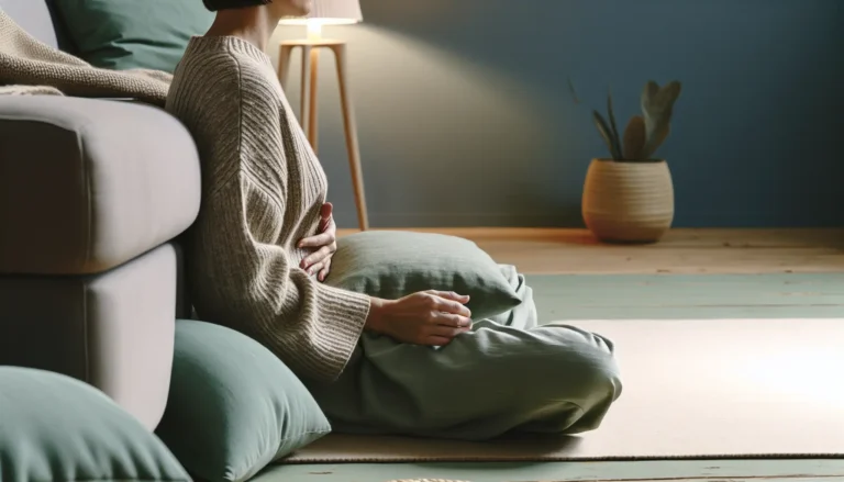 Практика усвідомленого дихання: людина кладе руки на живіт у спокійному мінімалістичному інтер’єрі
