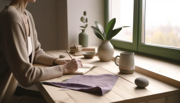 Людина зі спини пише в нотатнику біля вікна, спокійний мінімалістичний інтер’єр у природному світлі