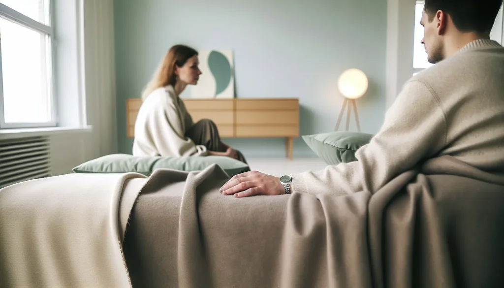 Пара сидить поруч на дивані, тримаючись за руки в спокійному інтер’єрі, символ близькості в невизначеності