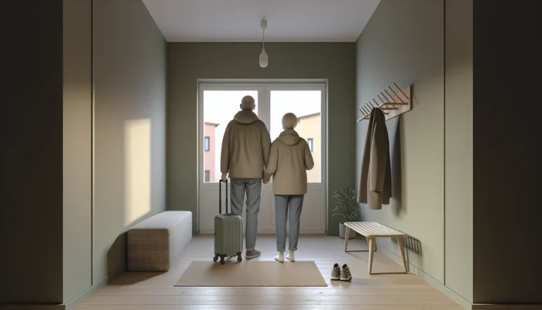 Пара тримається за руки біля валізи в спокійному передпокої, вибір: виїхати чи лишитися