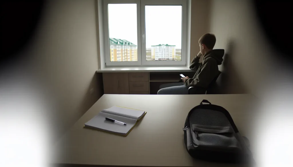 Підліток у Запоріжжі за письмовим столом біля вікна, спокійна атмосфера, тема стресу та підтримки