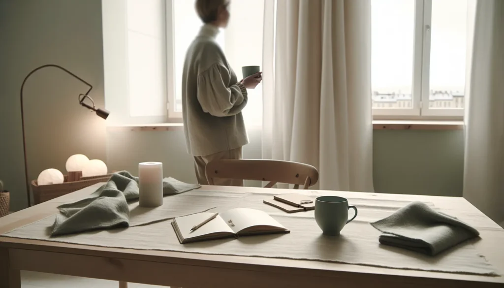 Спокійна сцена самодопомоги вдома: блокнот, чашка та людина зі спини у м’якому природному світлі
