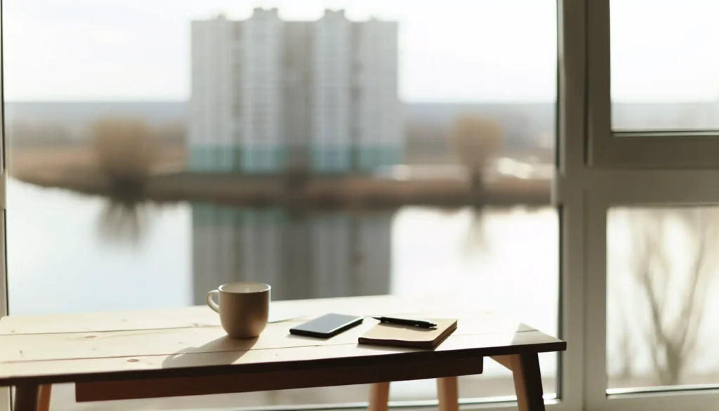 Спокійний інтер’єр у Запоріжжі з блокнотом і чашкою біля вікна, тема тривоги майбутнього та життя сьогодні