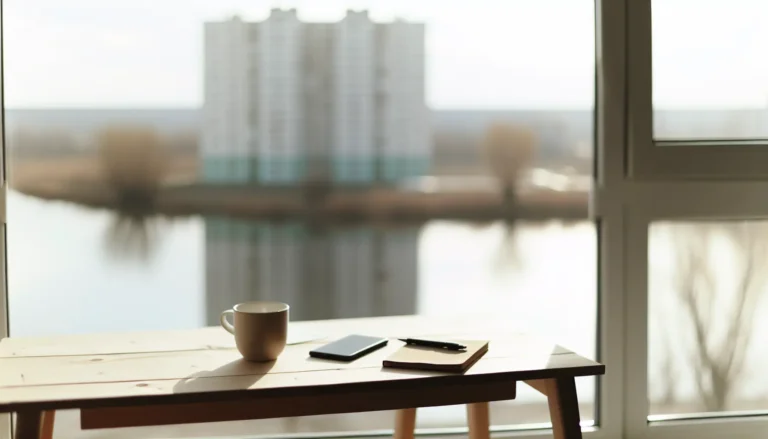 Спокійний інтер’єр у Запоріжжі з блокнотом і чашкою біля вікна, тема тривоги майбутнього та життя сьогодні