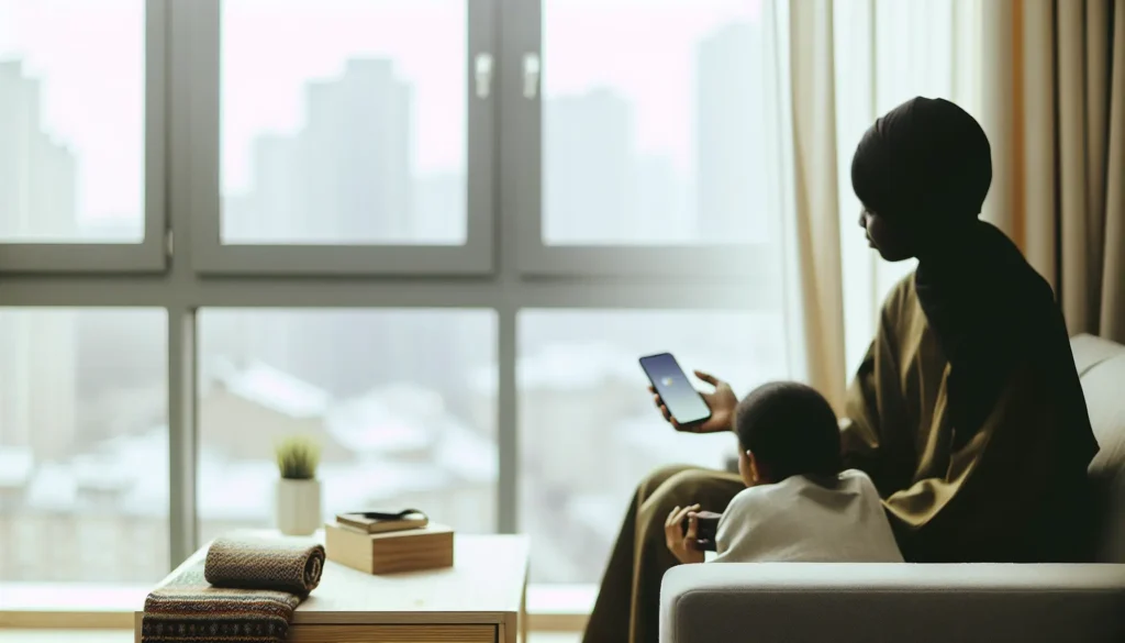 Спокійна розмова дорослого з дитиною вдома у Києві під час тривоги, обличчя не видно