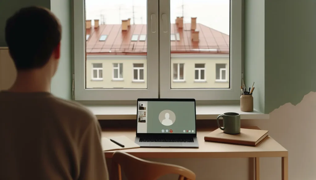 Робоче місце з ноутбуком для онлайн-психолога у спокійному інтер’єрі прифронтового міста