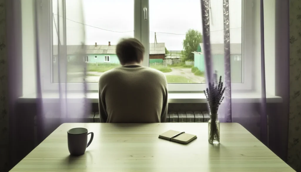 Спокійний інтер’єр біля вікна у прифронті: людина зі спини за столом, м’яке світло, стримані кольори