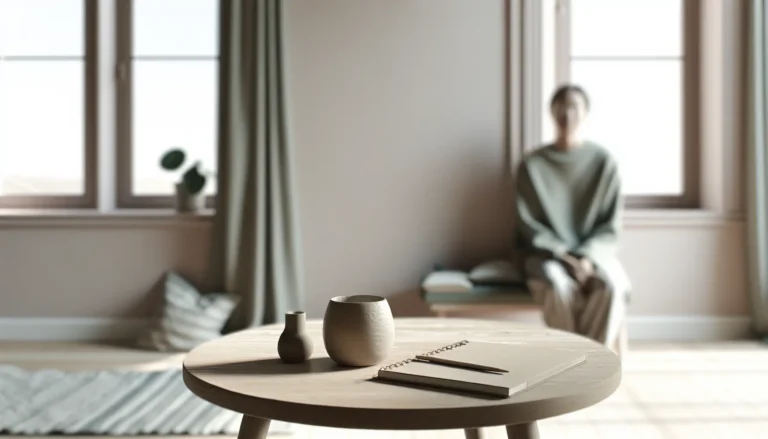 Спокійний робочий стіл із блокнотом біля вікна, людина зі спини планує цілі у світлій кімнаті