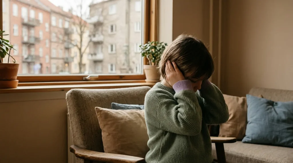 Дитина в кімнаті затуляє вуха через шум під час війни