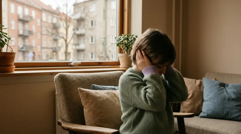Дитина в кімнаті затуляє вуха через шум під час війни